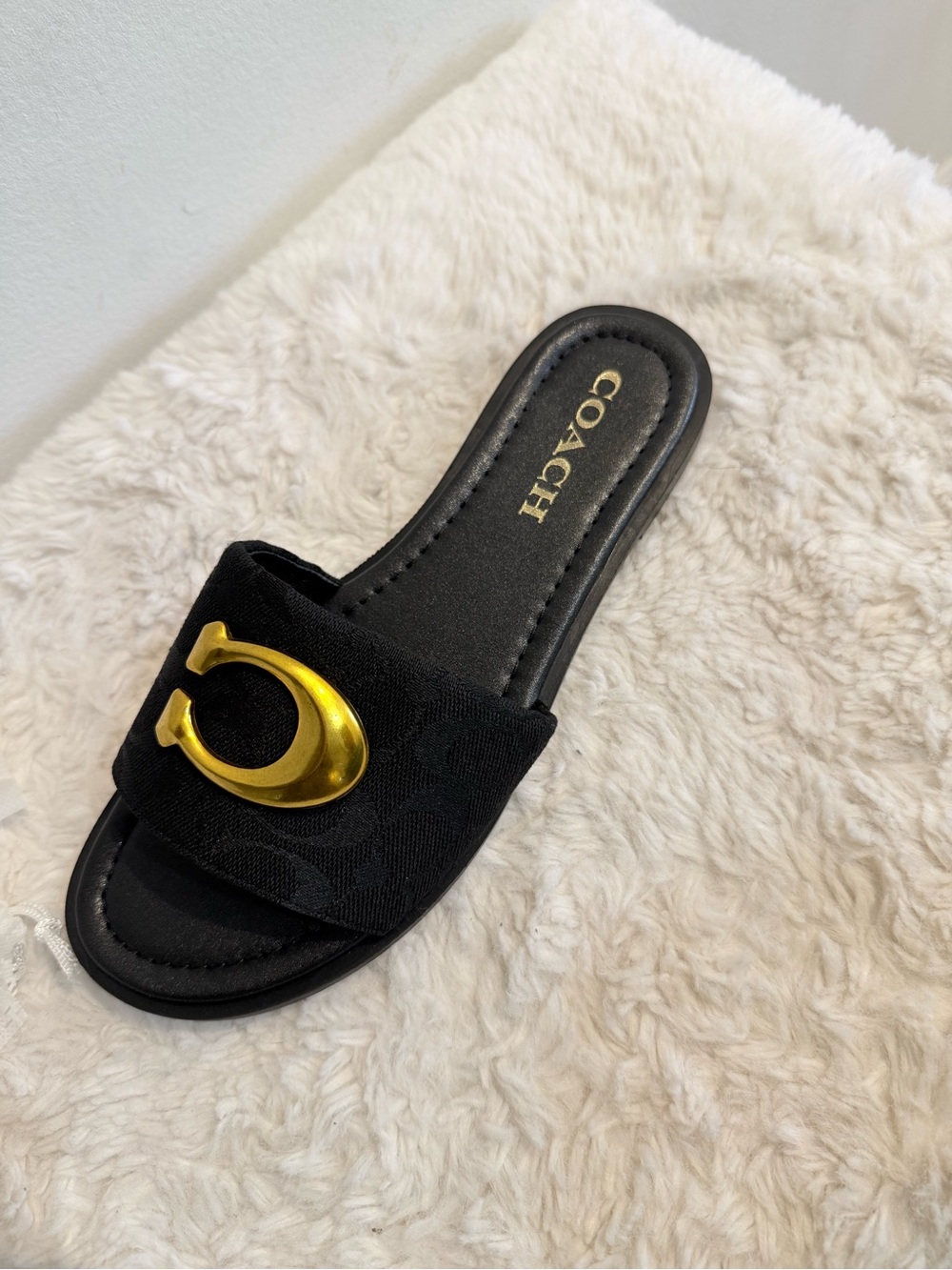 Coach Black Slide Sandal with Gold Horsebit Accent - Picture 2 of 7